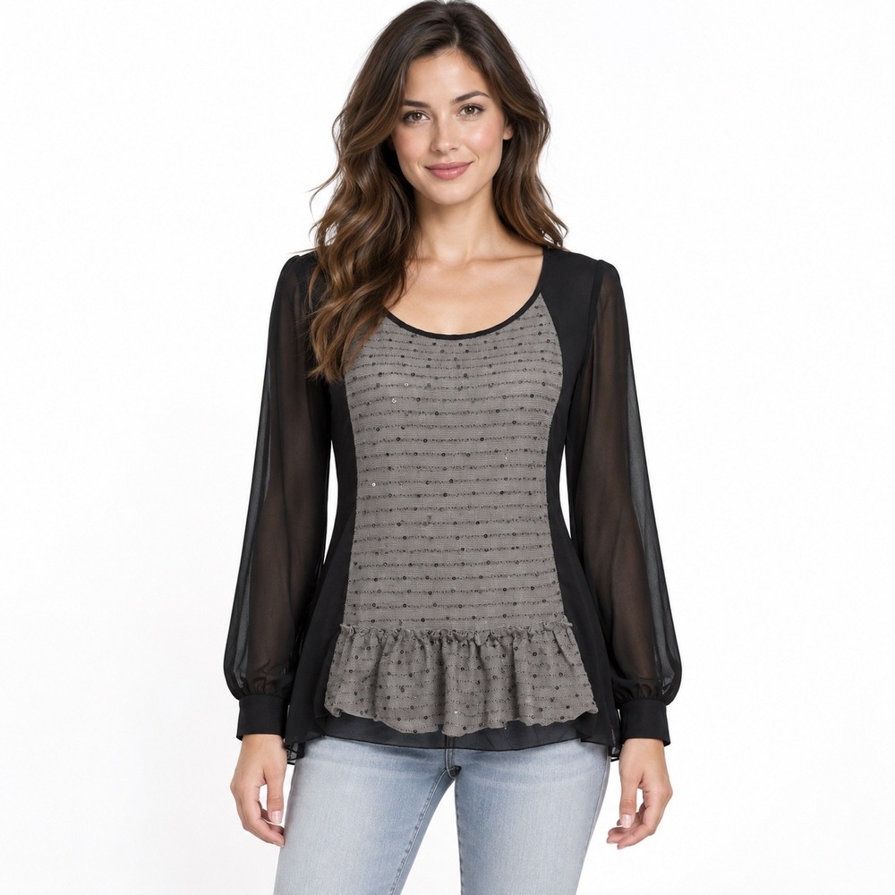 BKE Boutique Top Size M Black Gray Sequin Sheer Chiffon Ruffle High Low Blouse